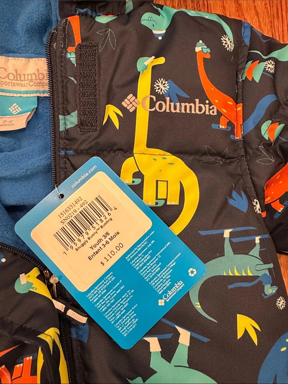 Columbia Navy Baby Bunting with Bright Dinosaur Print